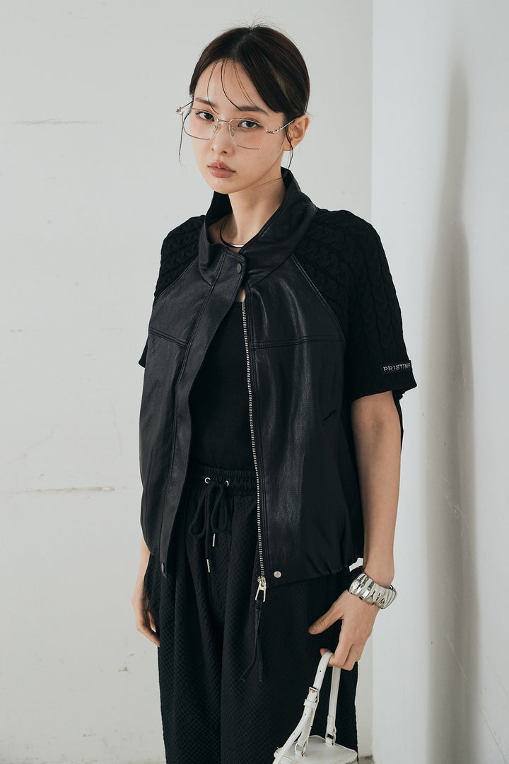 [SET]ニット切替レザーライクベスト+シアサッカーイージーパンツ(2set)