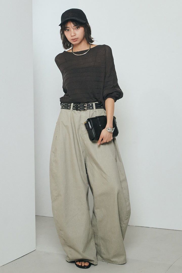 [SET]麻混リラックスニットトップス+ベルト付きカラーデニムパンツ(2set)