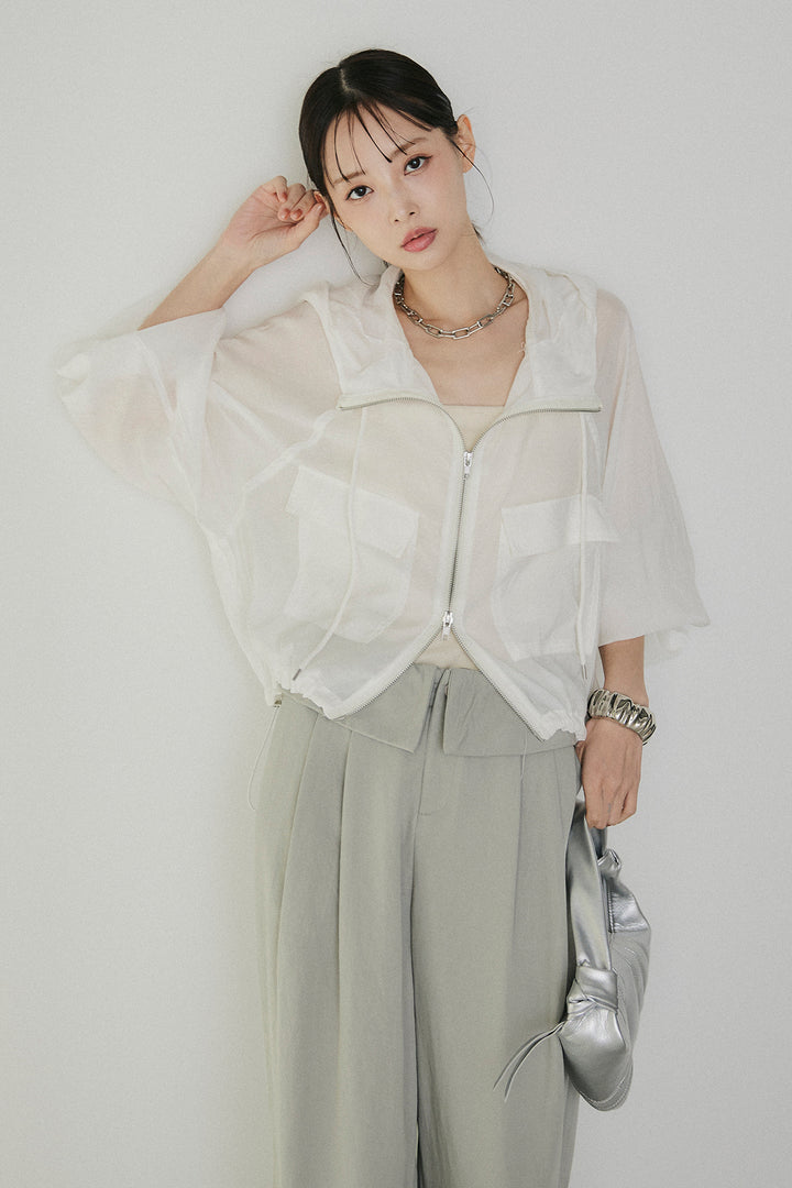 [SET]裾ドロストシアーWジップフーディーブルゾン+ウエスト折り返しワイドパンツ(2set)