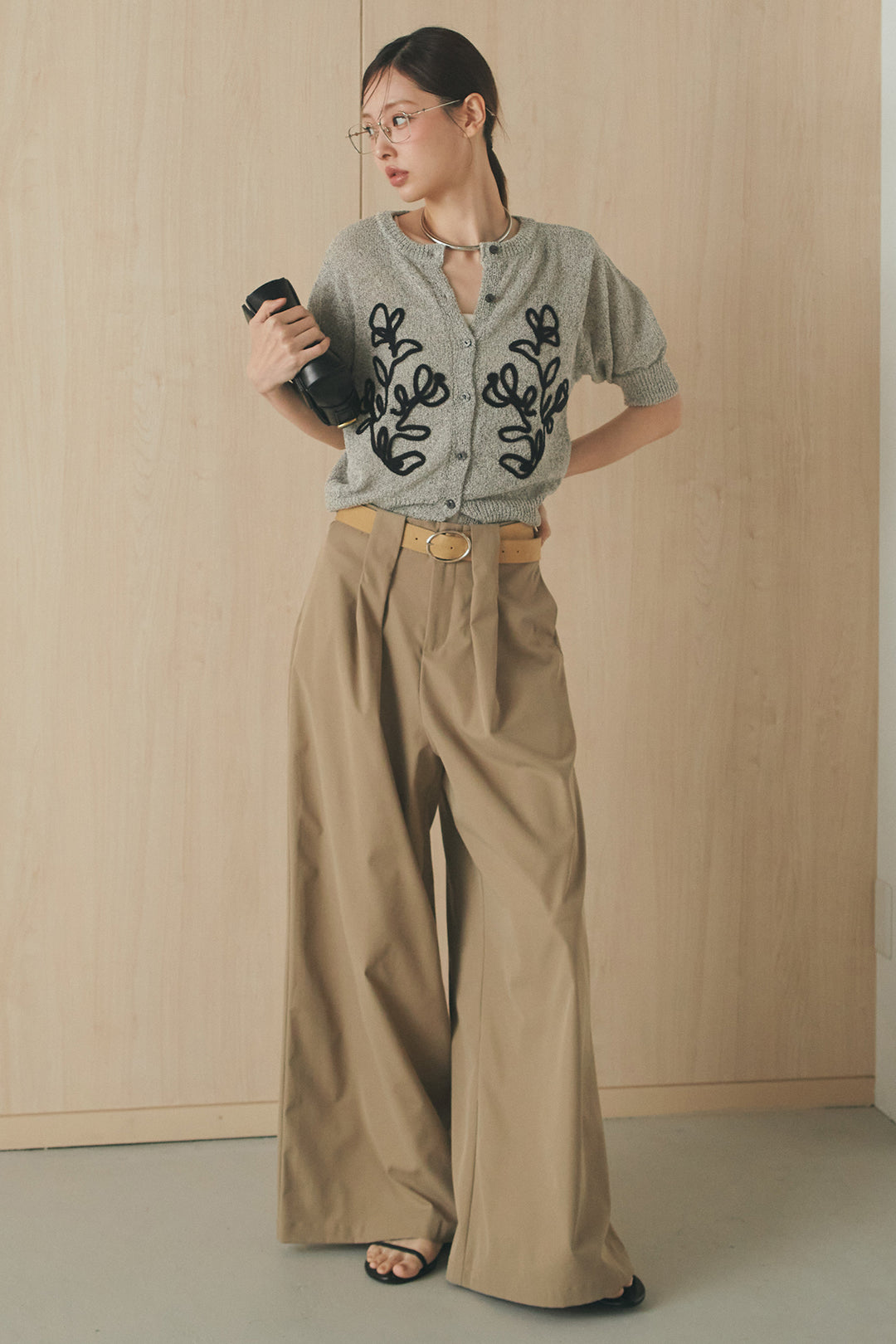 [SET]フロントテープデザイン半袖カーディガン+ベルトループデザインハイウエストタックパンツ(2set)