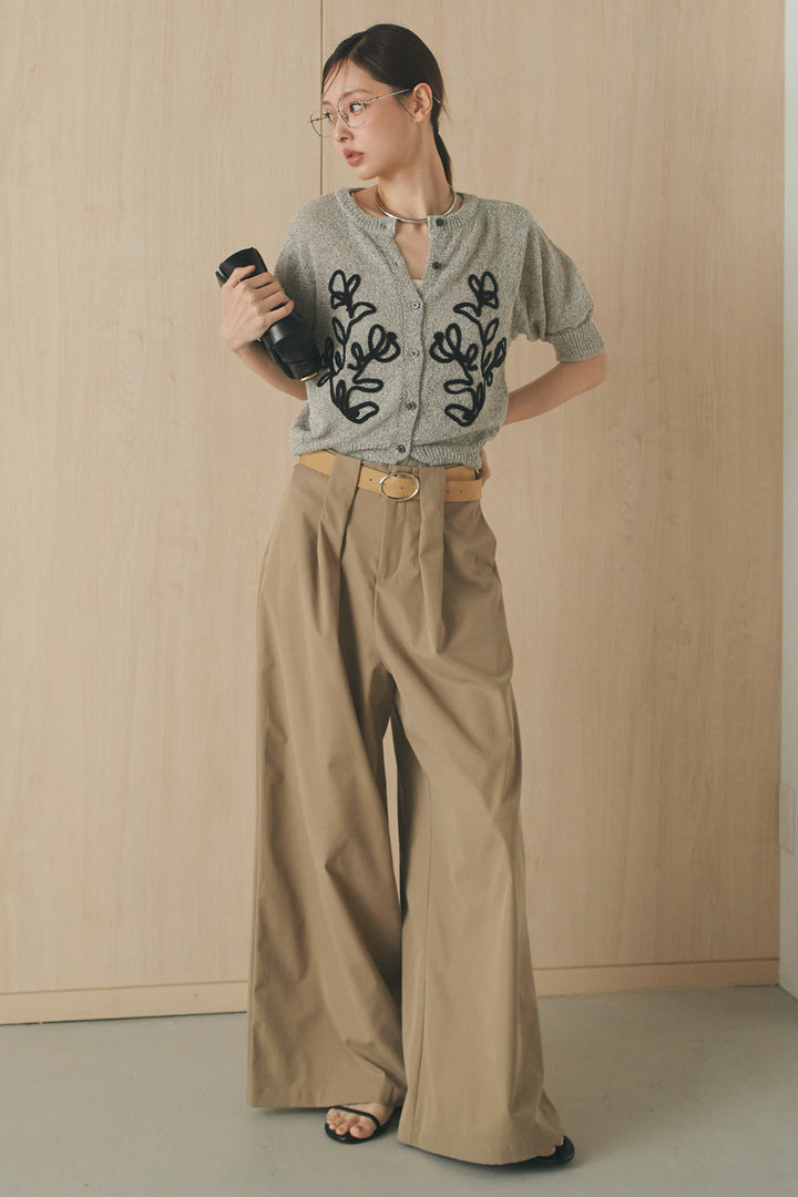 [SET]フロントテープデザイン半袖カーディガン+ベルトループデザインハイウエストタックパンツ(2set)