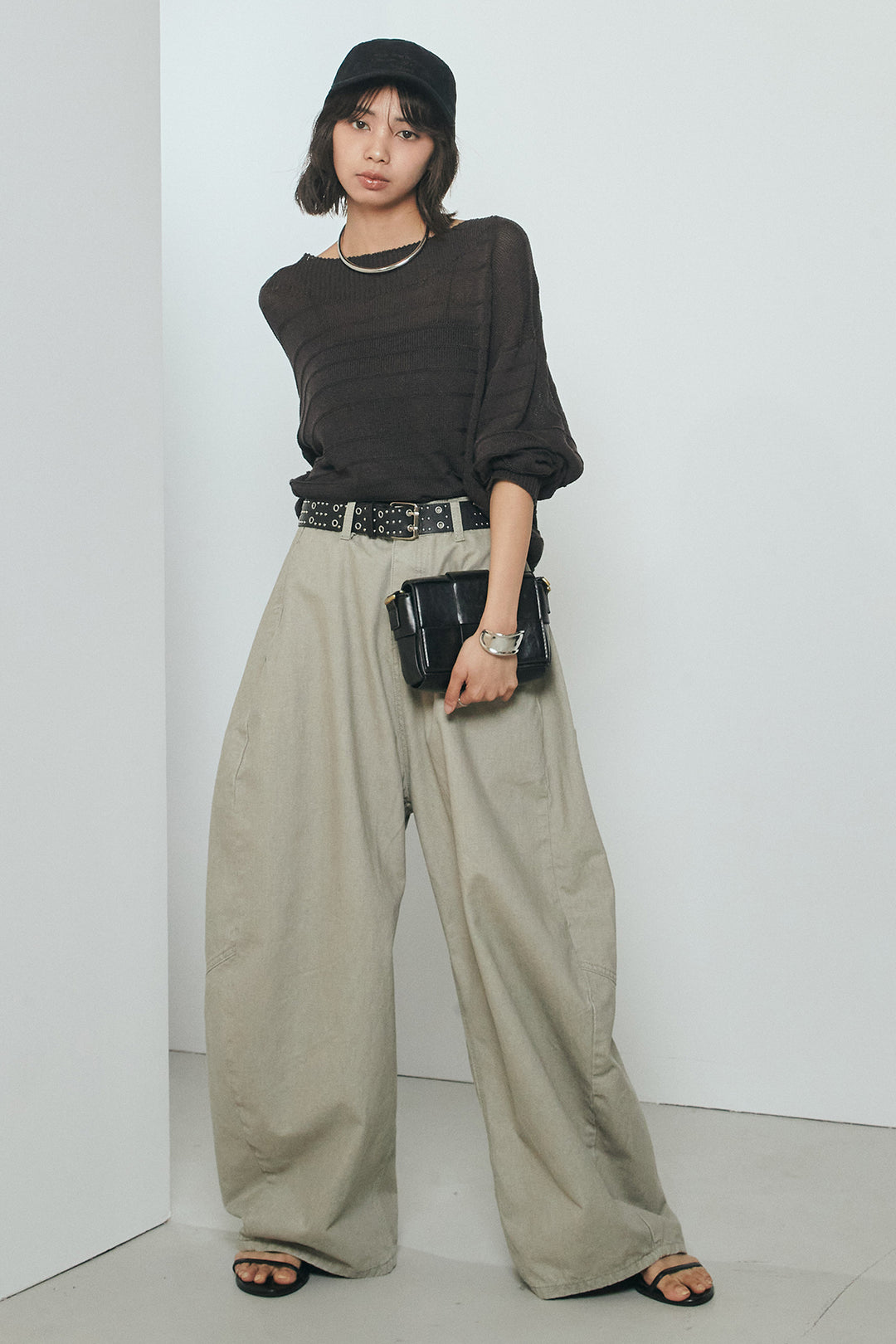 [SET]麻混リラックスニットトップス+ベルト付きカラーデニムパンツ(2set)