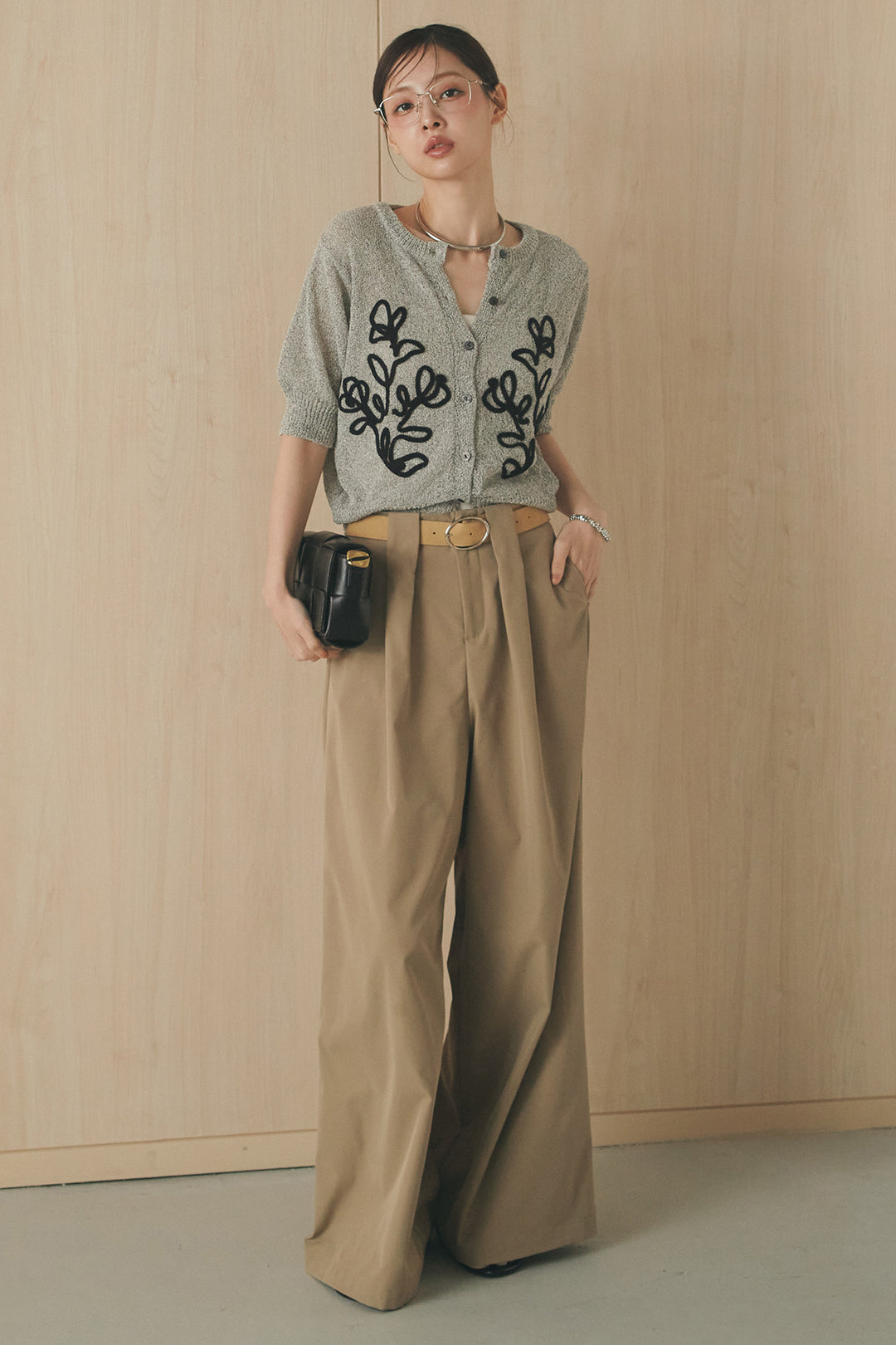 [SET]フロントテープデザイン半袖カーディガン+ベルトループデザインハイウエストタックパンツ(2set)