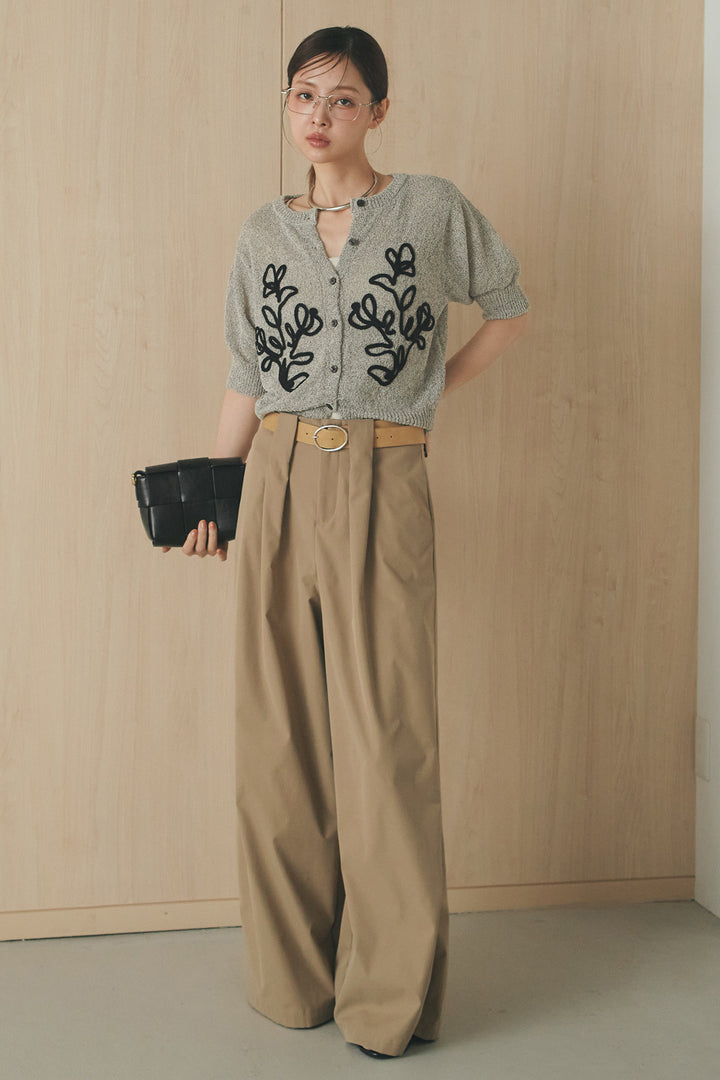 [SET]フロントテープデザイン半袖カーディガン+ベルトループデザインハイウエストタックパンツ(2set)