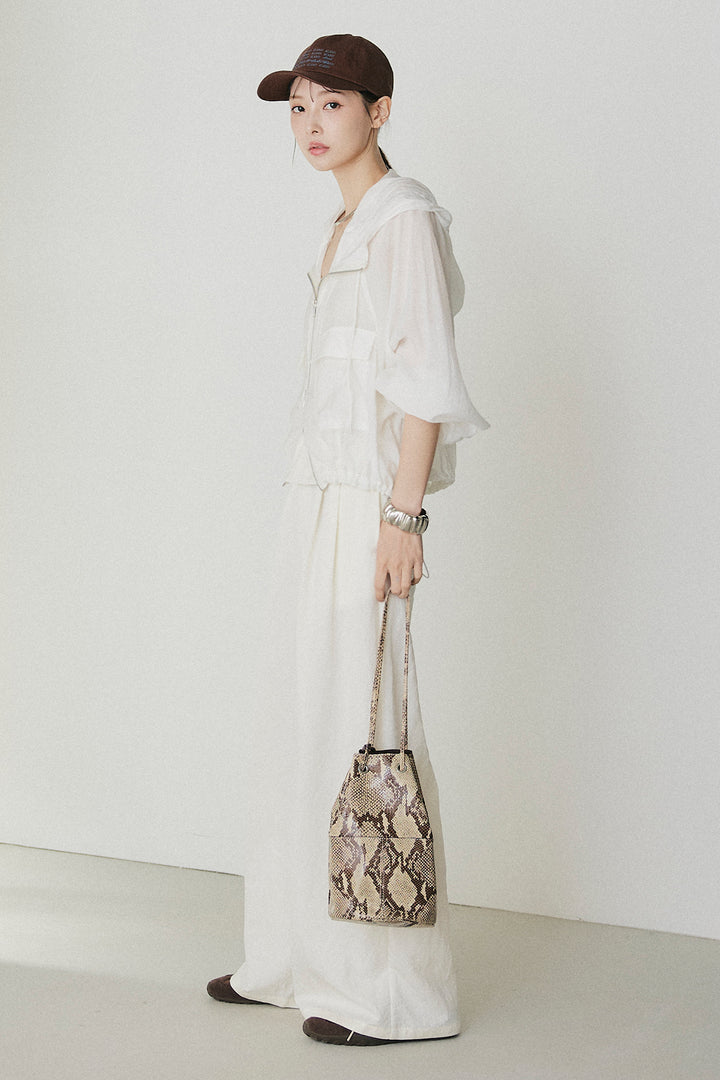 [SET]裾ドロストシアーWジップフーディーブルゾン+ウエスト折り返しワイドパンツ(2set)