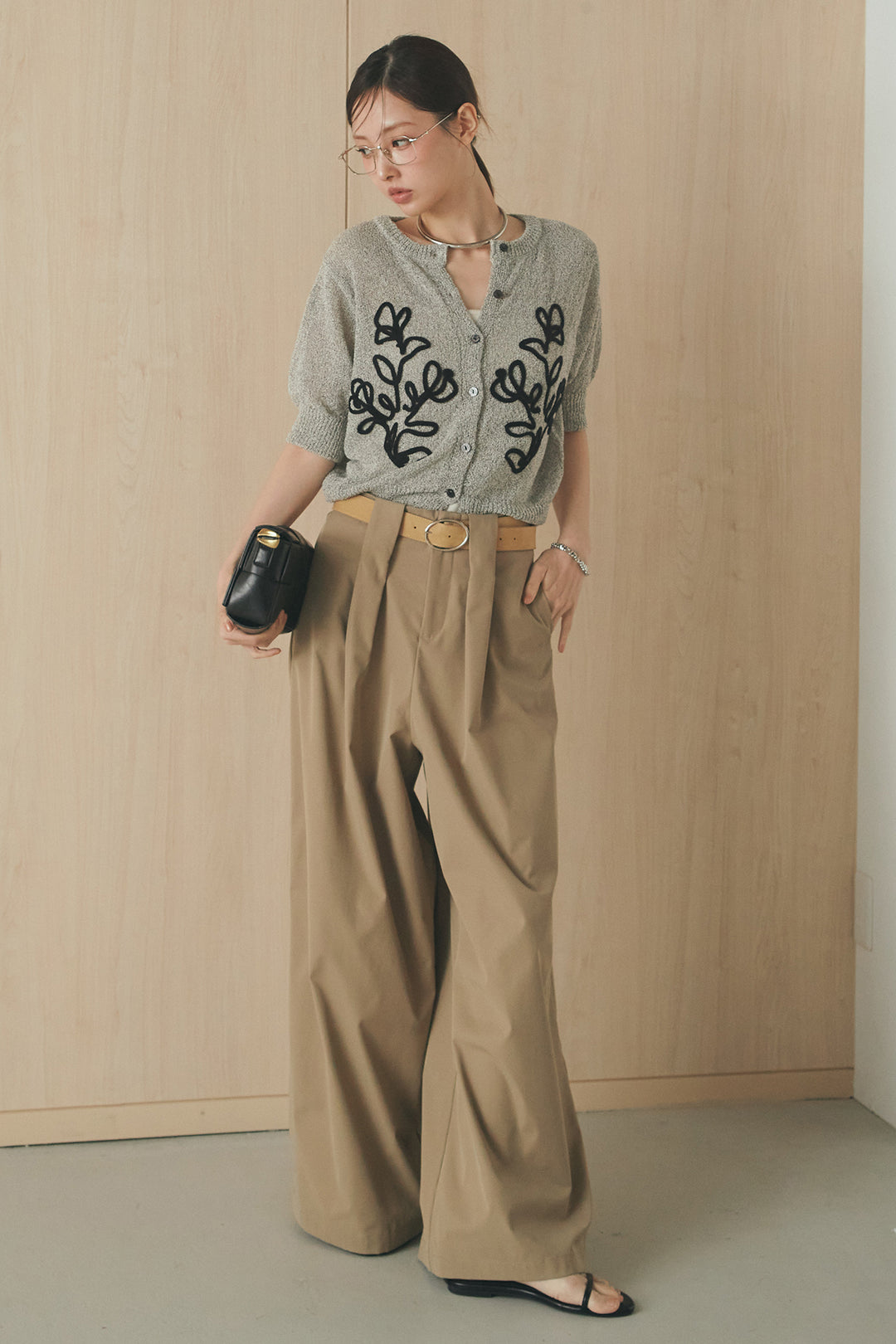 [SET]フロントテープデザイン半袖カーディガン+ベルトループデザインハイウエストタックパンツ(2set)
