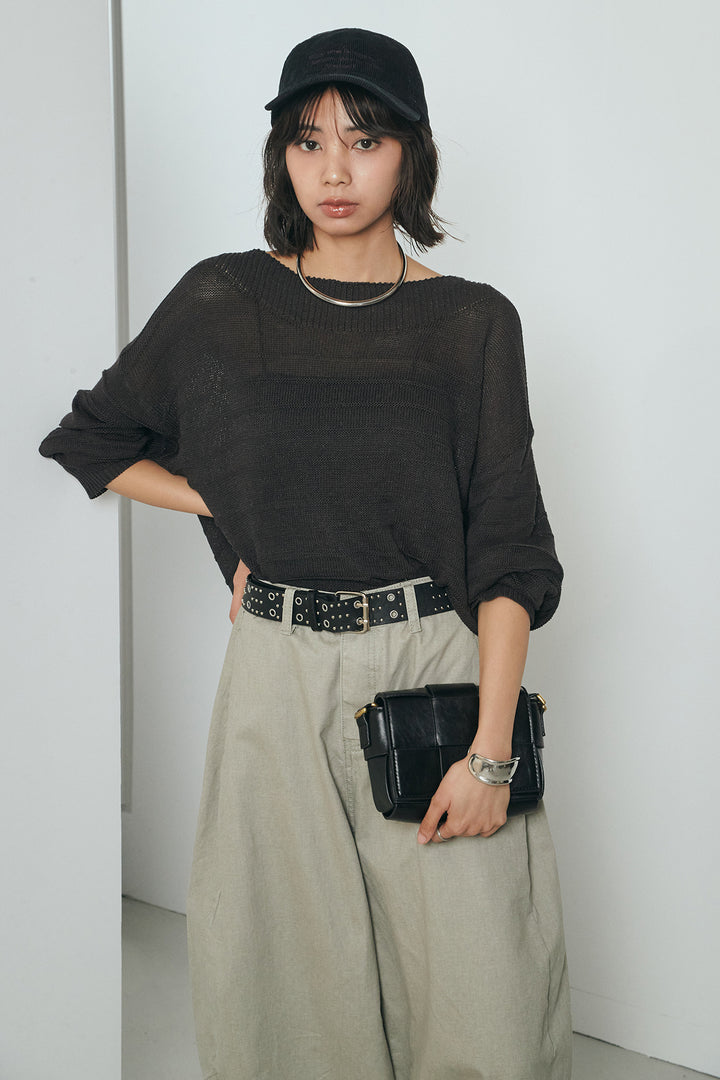 [SET]麻混リラックスニットトップス+ベルト付きカラーデニムパンツ(2set)