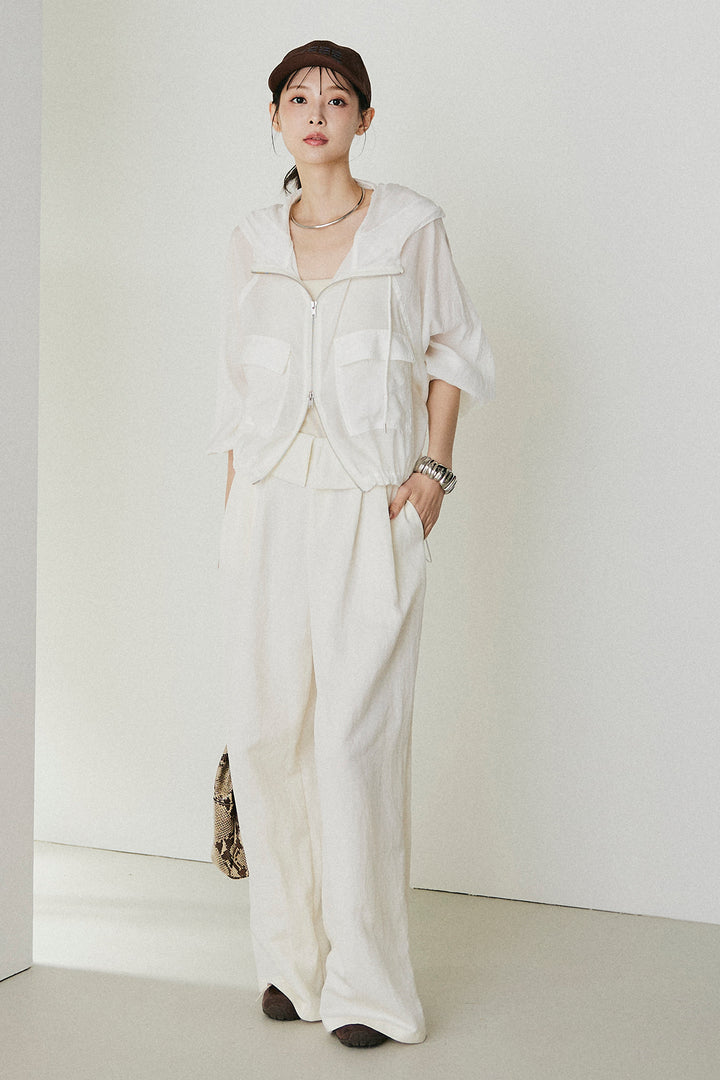 [SET]裾ドロストシアーWジップフーディーブルゾン+ウエスト折り返しワイドパンツ(2set)