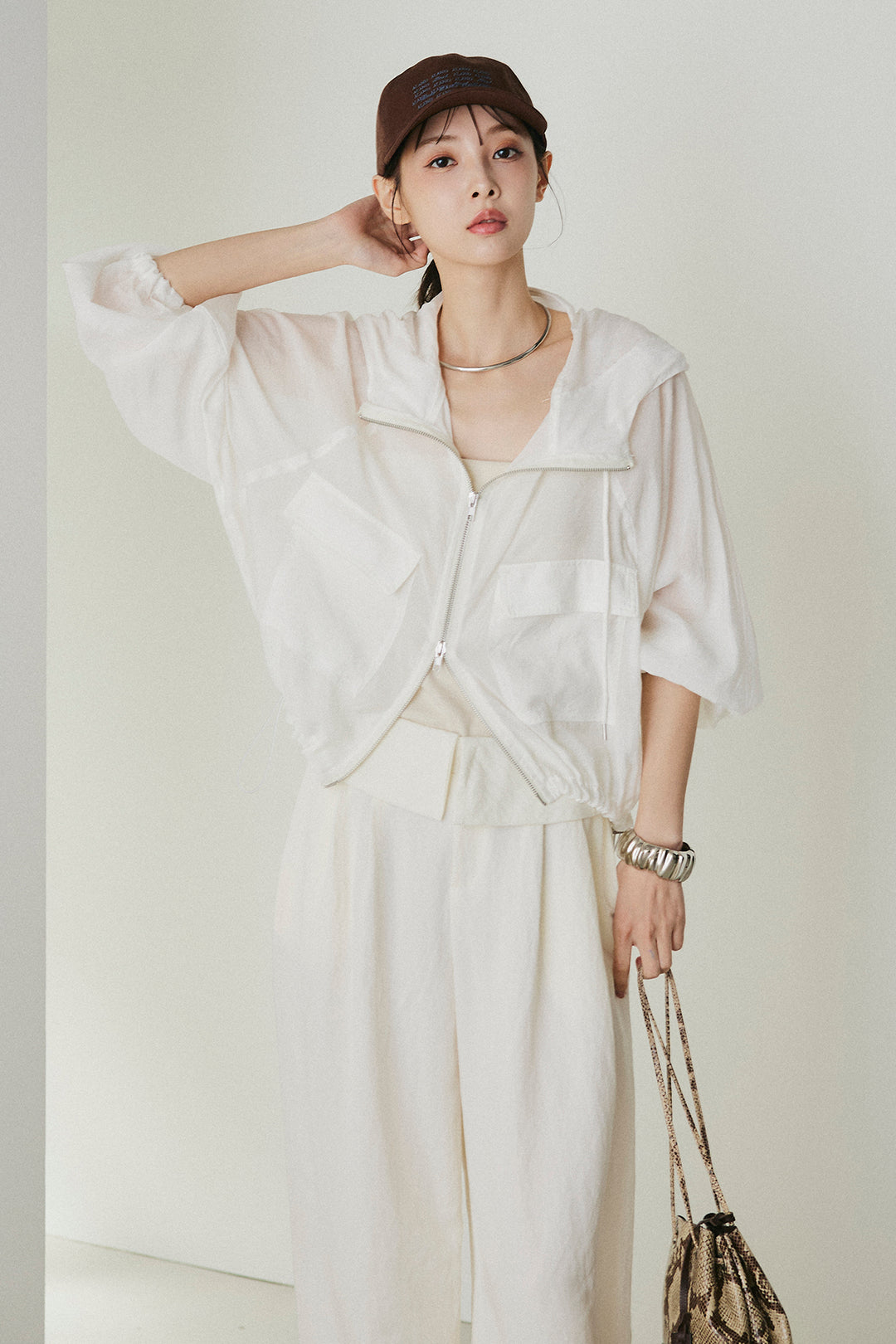 [SET]裾ドロストシアーWジップフーディーブルゾン+ウエスト折り返しワイドパンツ(2set)