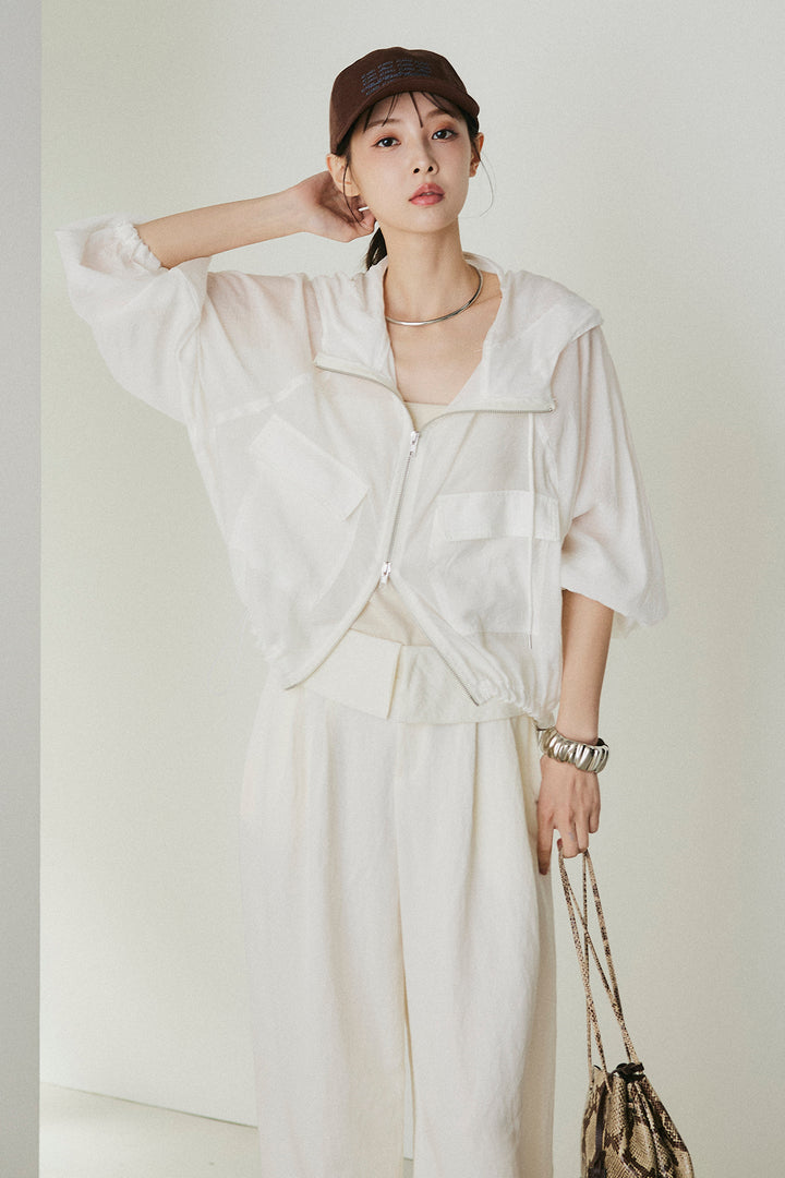 [SET]裾ドロストシアーWジップフーディーブルゾン+ウエスト折り返しワイドパンツ(2set)