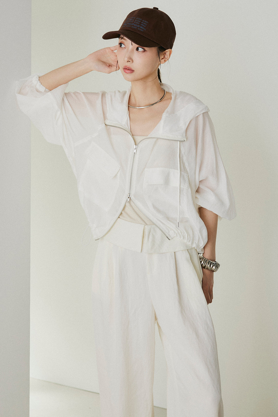 [SET]裾ドロストシアーWジップフーディーブルゾン+ウエスト折り返しワイドパンツ(2set)