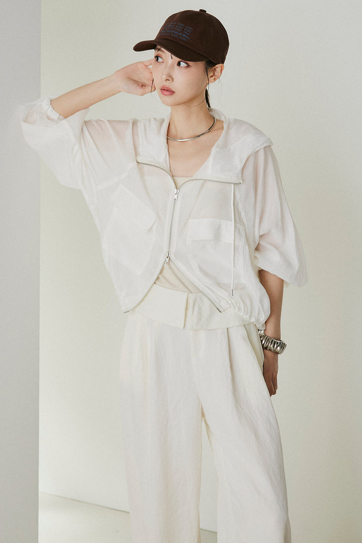 [SET]裾ドロストシアーWジップフーディーブルゾン+ウエスト折り返しワイドパンツ(2set)