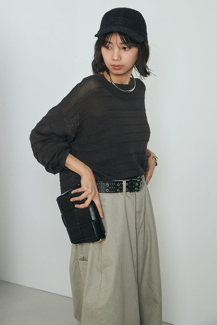 [SET]麻混リラックスニットトップス+ベルト付きカラーデニムパンツ(2set)