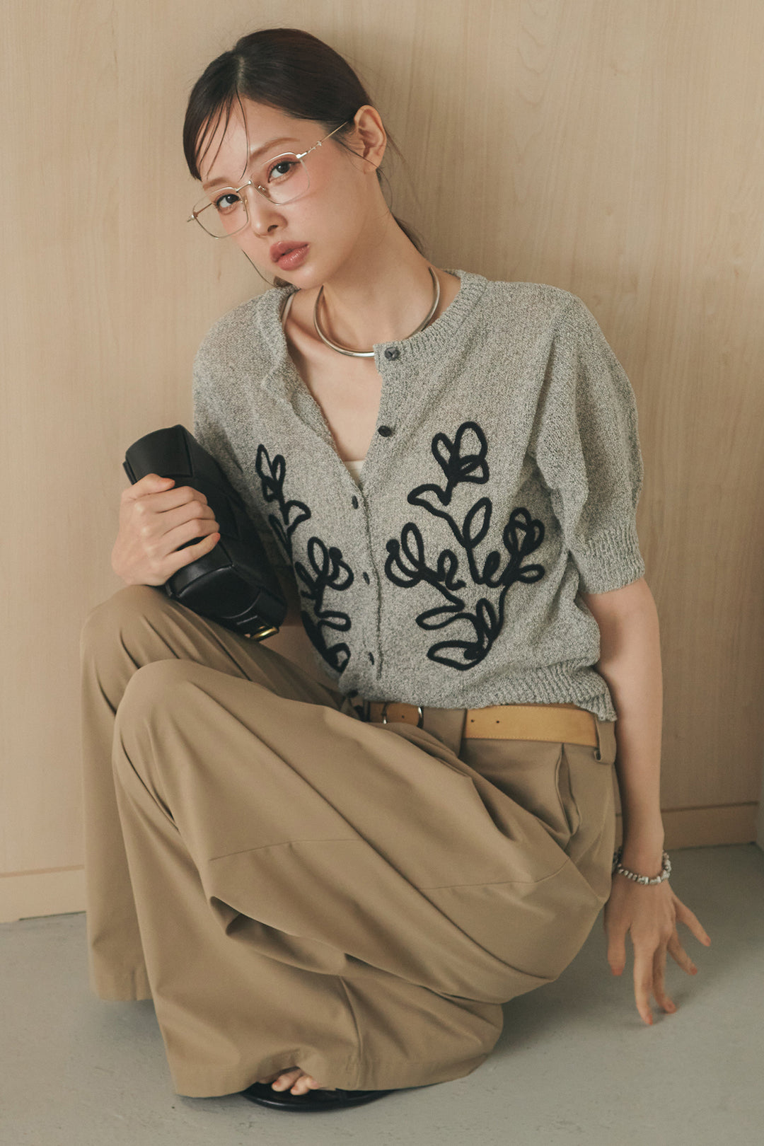 [SET]フロントテープデザイン半袖カーディガン+ベルトループデザインハイウエストタックパンツ(2set)