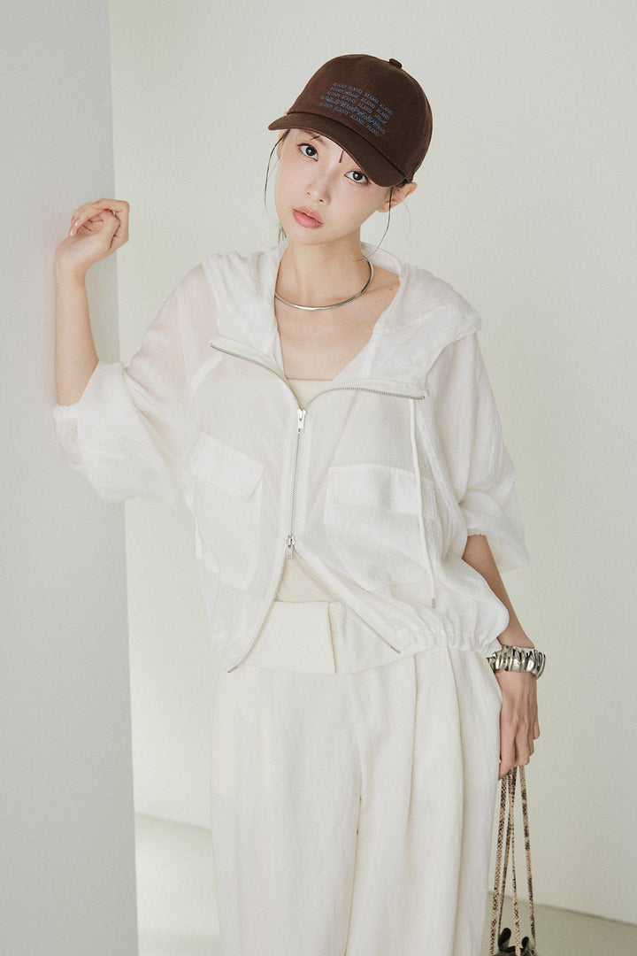 [SET]裾ドロストシアーWジップフーディーブルゾン+ウエスト折り返しワイドパンツ(2set)
