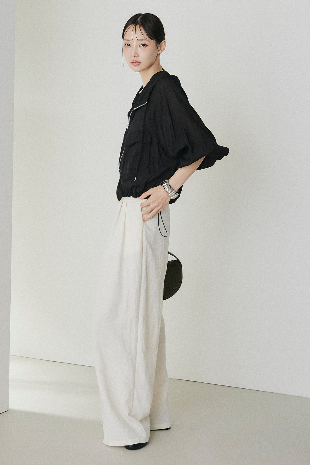 [SET]裾ドロストシアーWジップフーディーブルゾン+ウエスト折り返しワイドパンツ(2set)