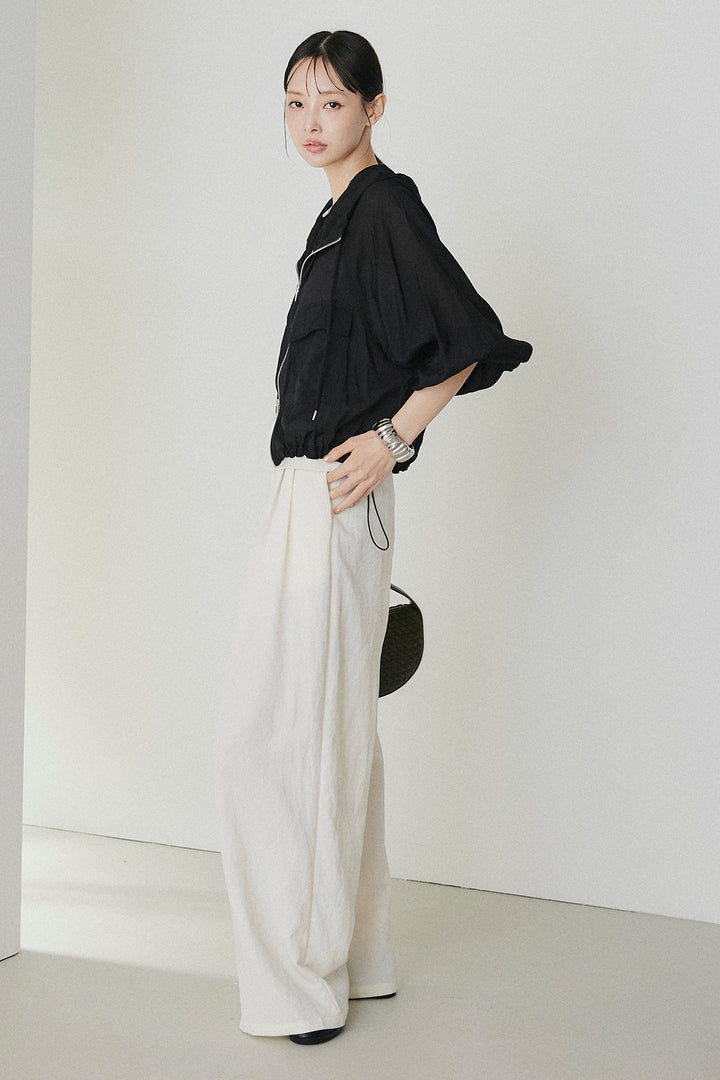 [SET]裾ドロストシアーWジップフーディーブルゾン+ウエスト折り返しワイドパンツ(2set)