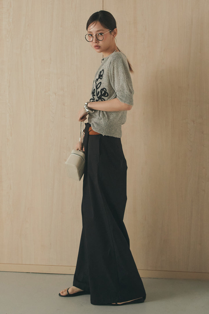 [SET]フロントテープデザイン半袖カーディガン+ベルトループデザインハイウエストタックパンツ(2set)