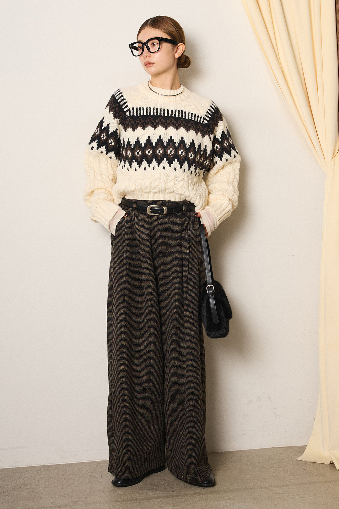 [SET]2WAY求心柄ジャガードショートカーディガン+起毛タック入りツイードワイドパンツ+2WAY袖コード刺繍クルーネックプルオーバー(3set)