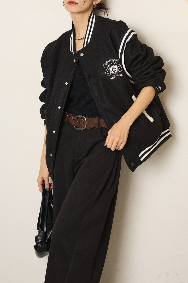 [SET]ワンポイントデザインブルゾン+編みベルト付きワイドパンツ(2set)