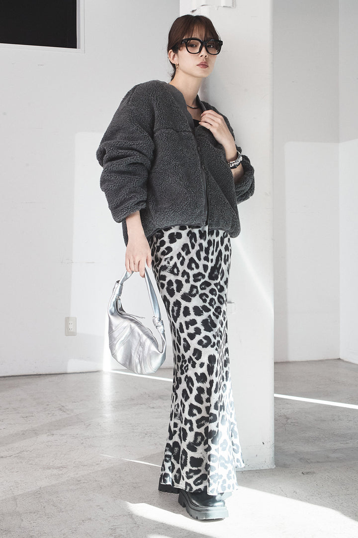 [SET]ノーカラーリブボアアウター+レオパードサテンナロースカート(2set)