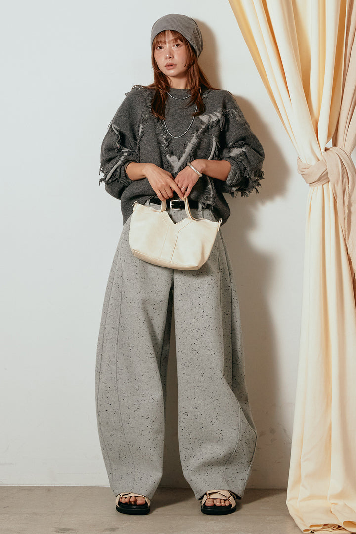 [SET]シャギージャガードニットトップス+ベルト付きネップツイードカーブパンツ(2set)