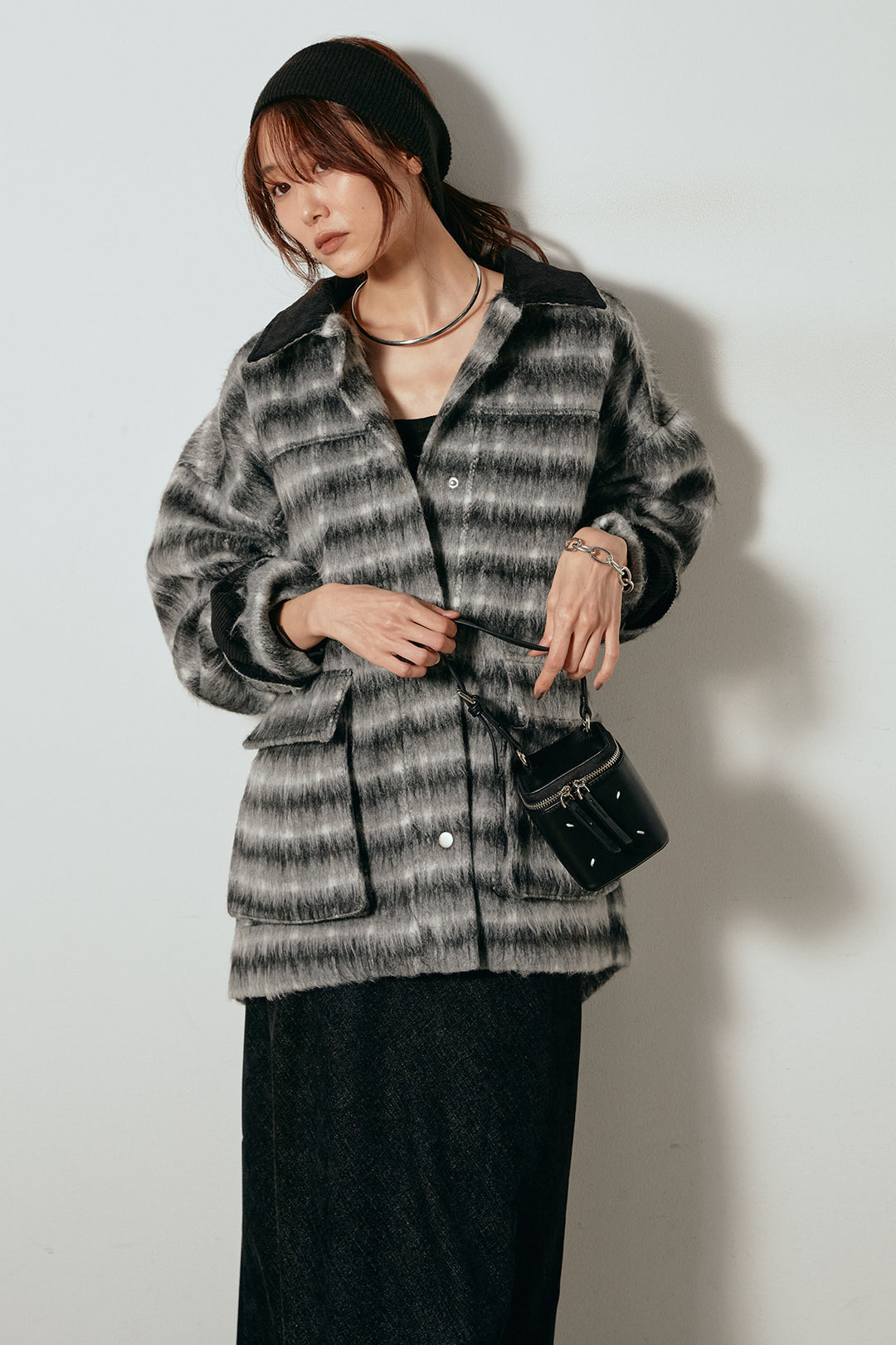 [SET]チェックシャギーミドルカバーオール+スウェードライクロングスカート(2set)