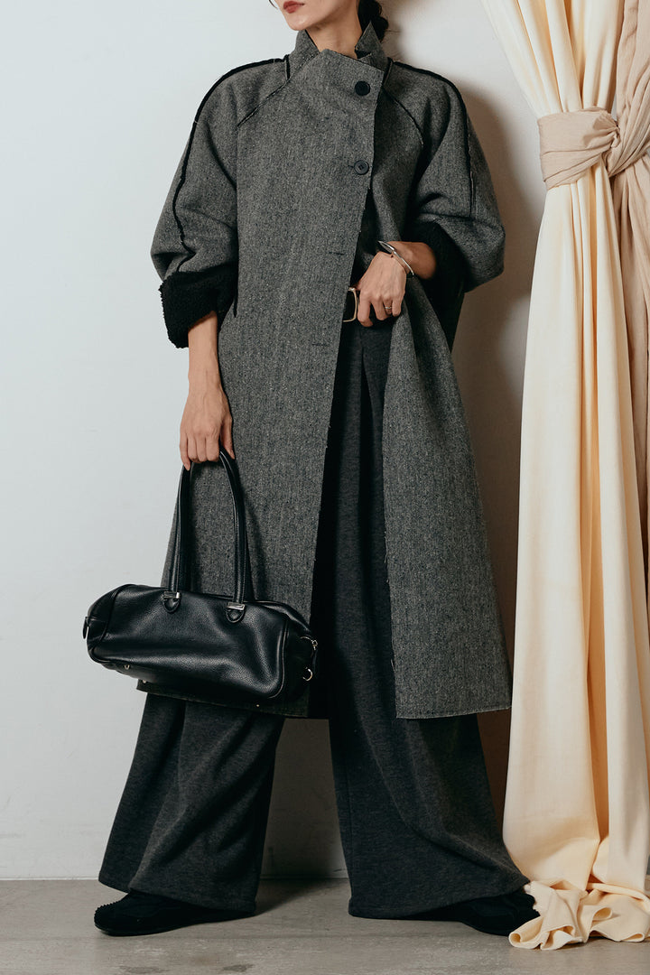 [SET]裏地ボアハイネックロングアウター+フェイクレザー太ベルト付きタックワイドパンツ(2set)