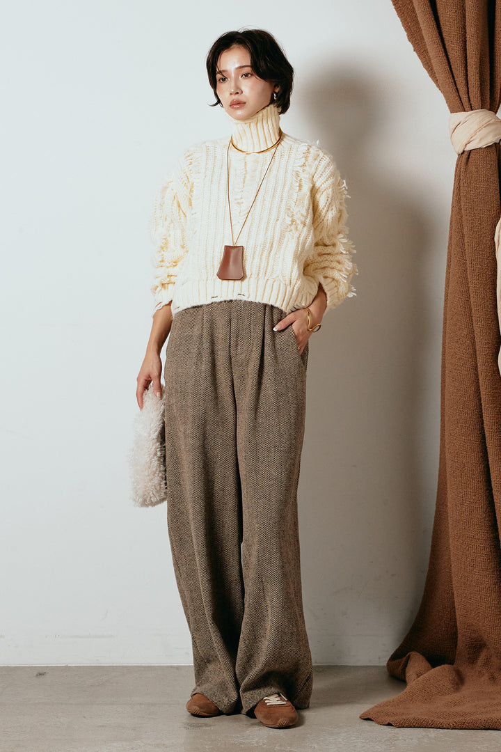 [SET]フリンジタートルショートニット+クラシックヘリンボーンサロペット(2set)