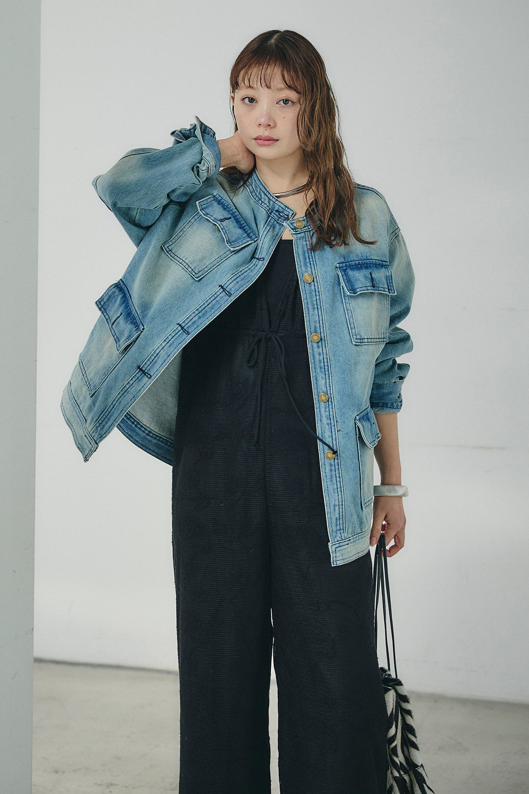 [SET]ノーカラーデニムポケットジャケット+レースサロペット(2set)