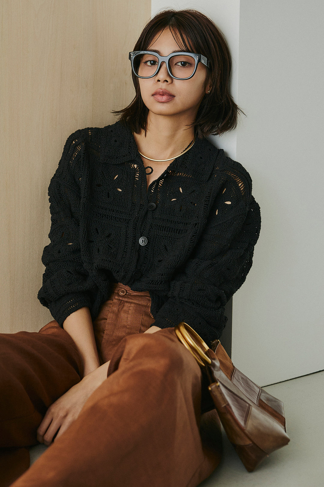 [SET]鍵編みフラワーレースカーディガン+タック入りワイドパンツ(2set)