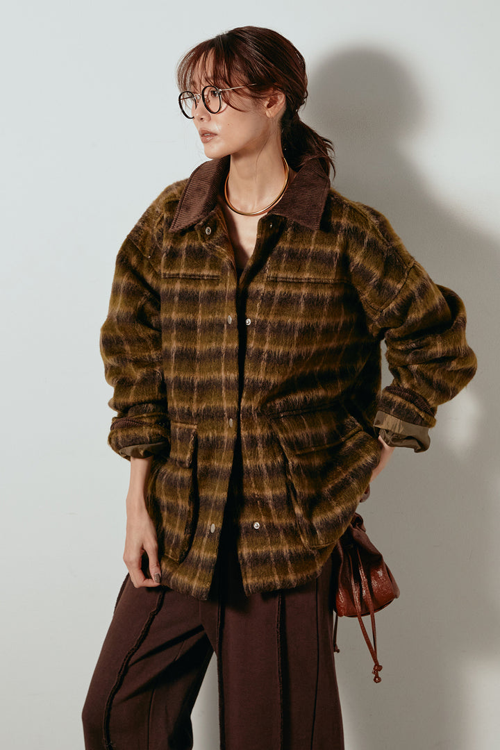 [SET]チェックシャギーミドルカバーオール+フロントラインデザインワイドスウェットパンツ(2set)