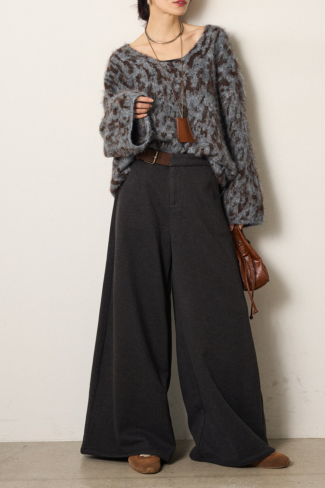 [SET]フラッフィーレオパードシャギーニット+サイドベルトパンツ(2set)