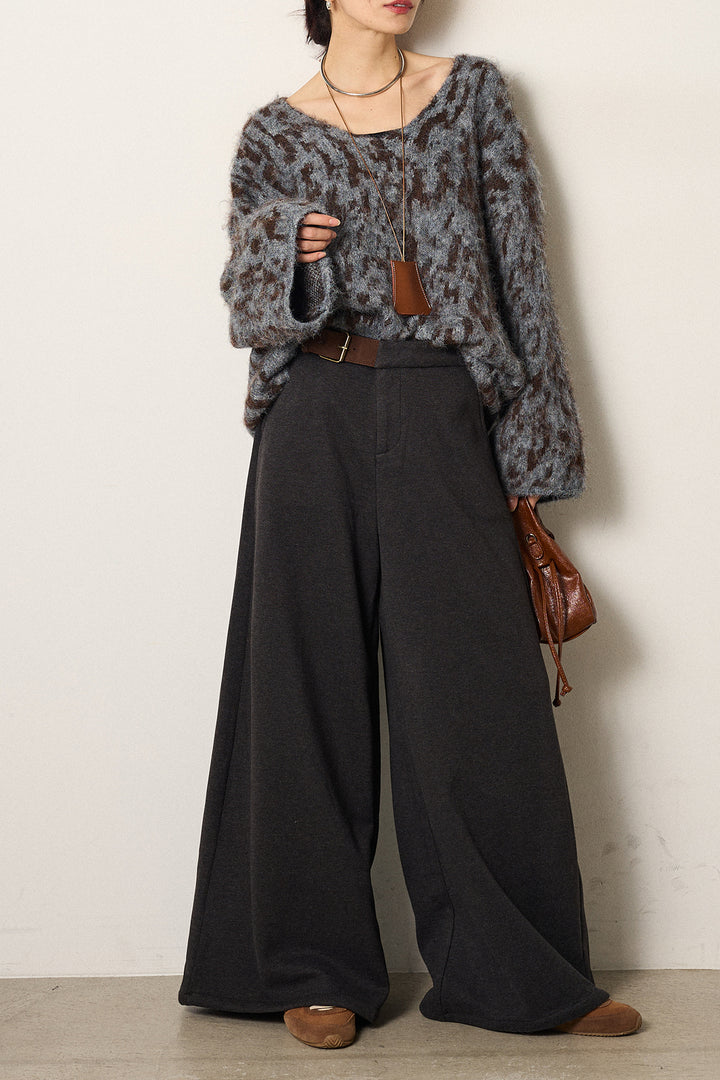 [SET]フラッフィーレオパードシャギーニット+サイドベルトパンツ(2set)