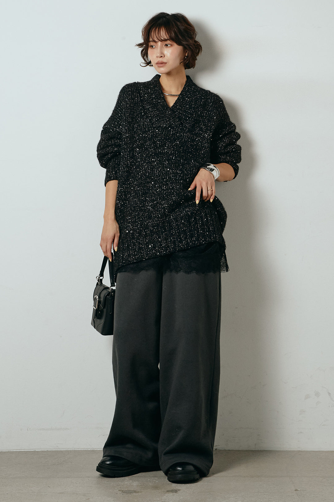 [SET]Vネックラメニットトップス+裏起毛スウェットワイドパンツ(2set)