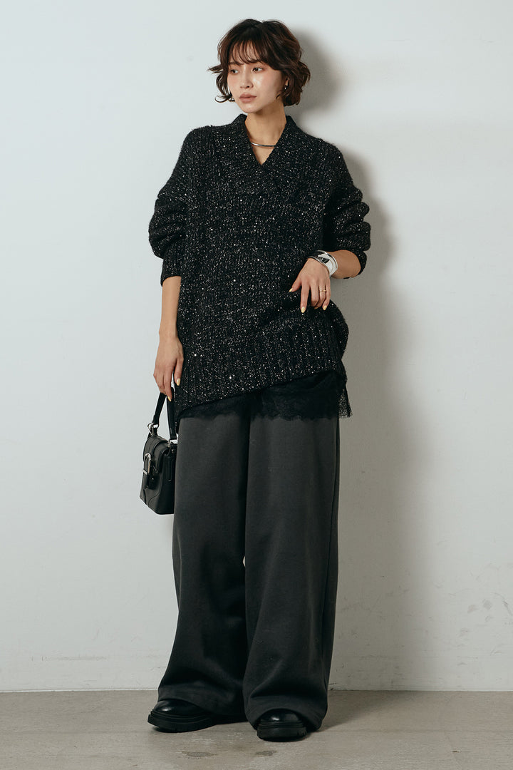 [SET]Vネックラメニットトップス+裏起毛スウェットワイドパンツ(2set)