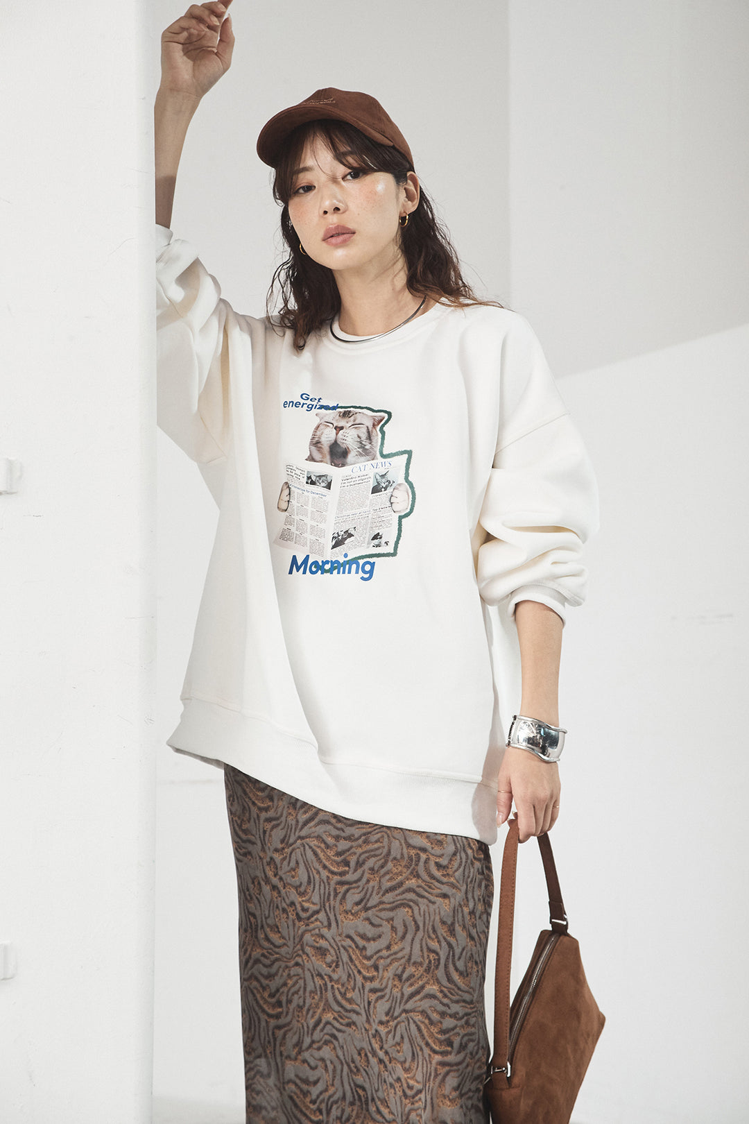 [SET]裏起毛モーニングキャットプリントスウェット+抽象柄ロングスカート(2set)