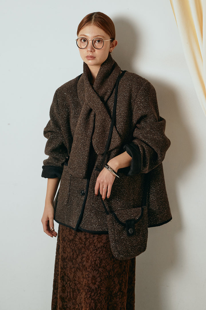 [SET]ノーカラーマフラーバッグ付きアウター+花柄刺繍ベロアフレアスカート(2set)