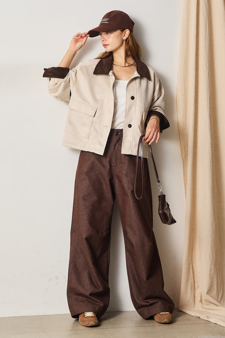 [SET]襟コーデュロイスウェードジャケット+デザインワイドデニムパンツ(2set)