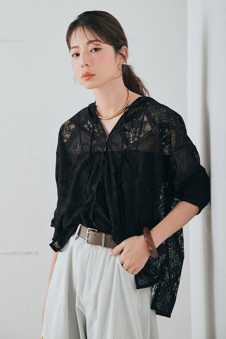 [SET]ブロックレースフード付きブラウス+ベルト付きサイドタックワイドパンツ(2set)