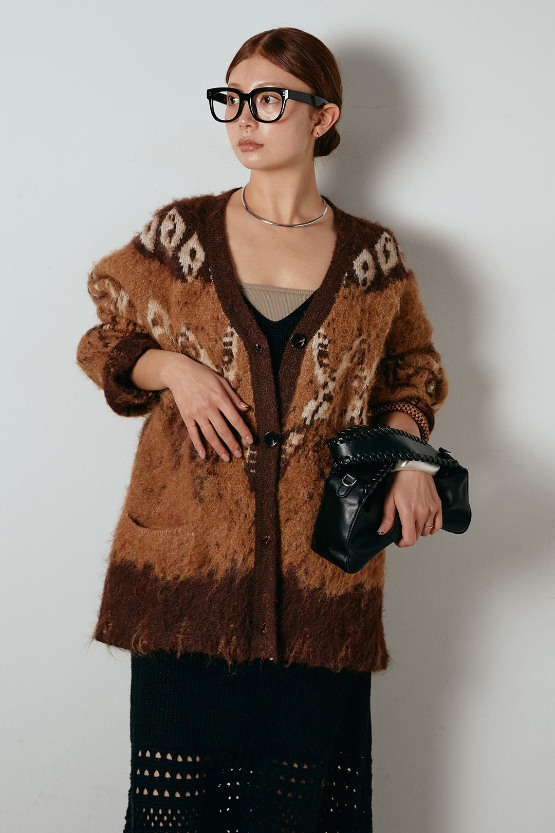 [SET]シャギーニュアンス柄ニットカーディガン+裾透かし編みキャミソールニットワンピース(2set)