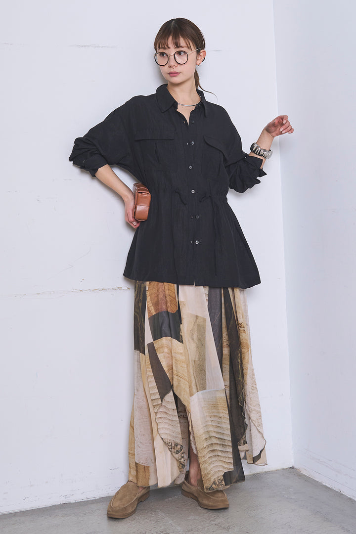 [SET]リネンブレンドシアーサファリシャツ+アートペイント柄スカート(2set)