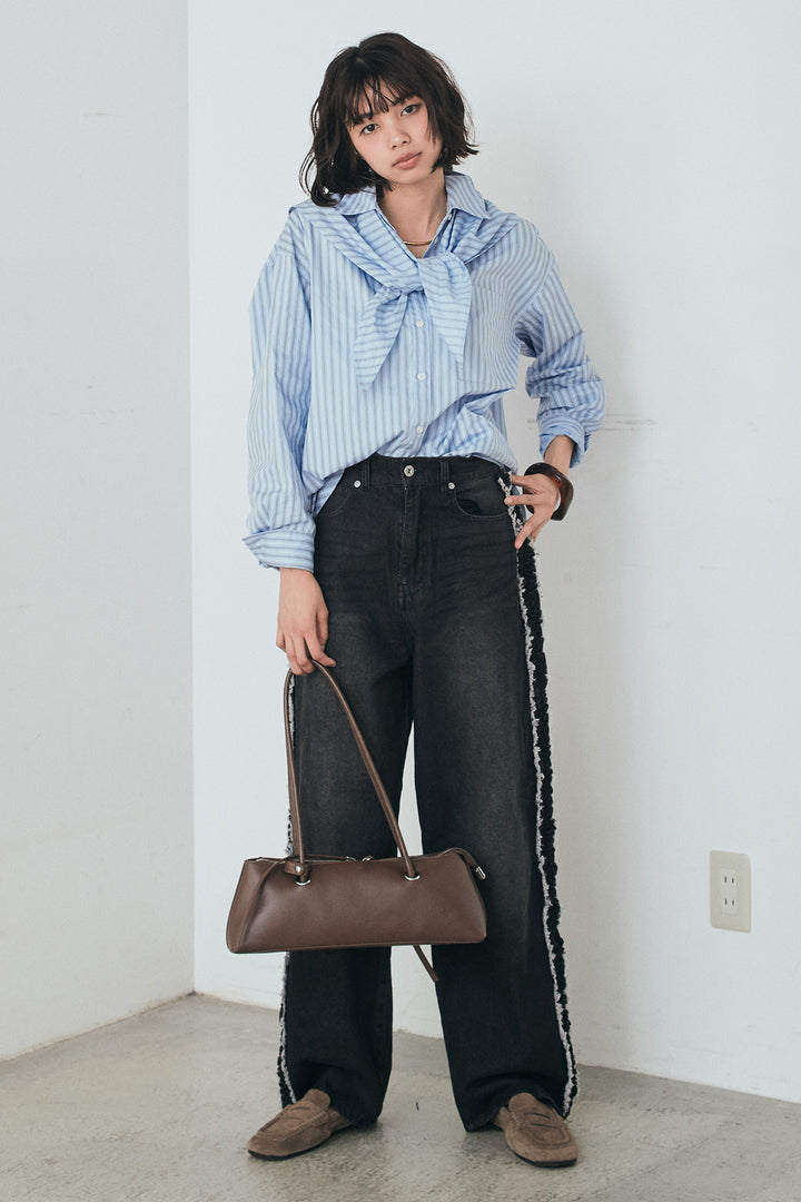 [SET]ランダムストライプスカーフ付きシャツ+デニムサイドフリルパンツ(2set)
