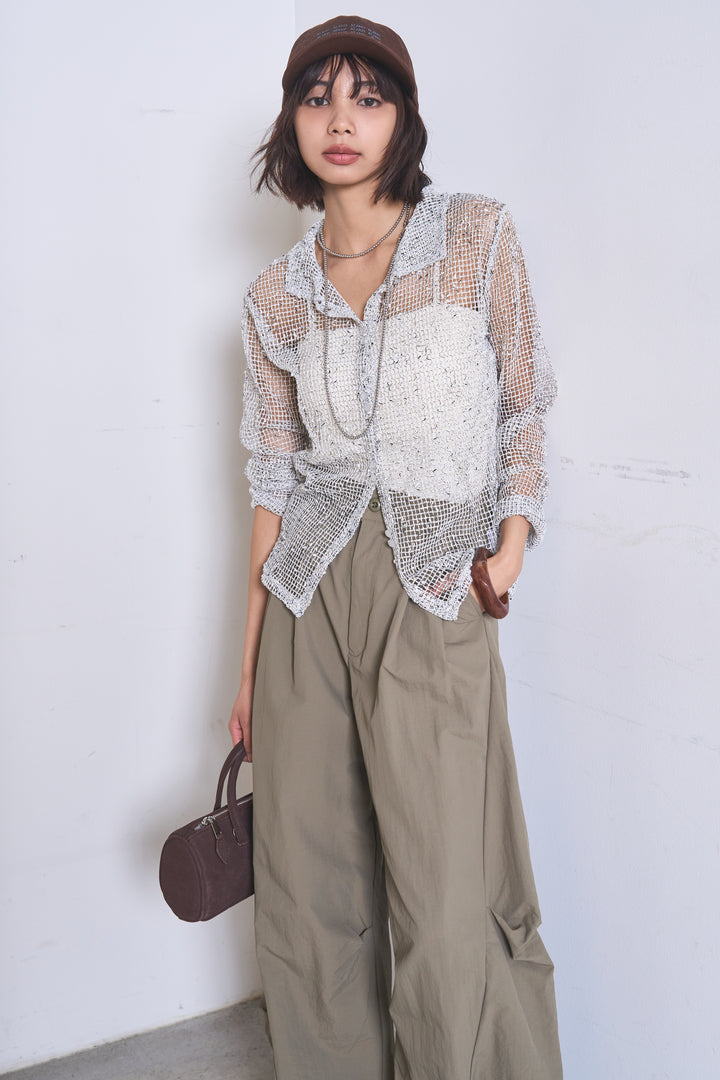 [SET]ネップメッシュポロ襟カーディガン+ドライタフタタックバレルパンツ(2set)