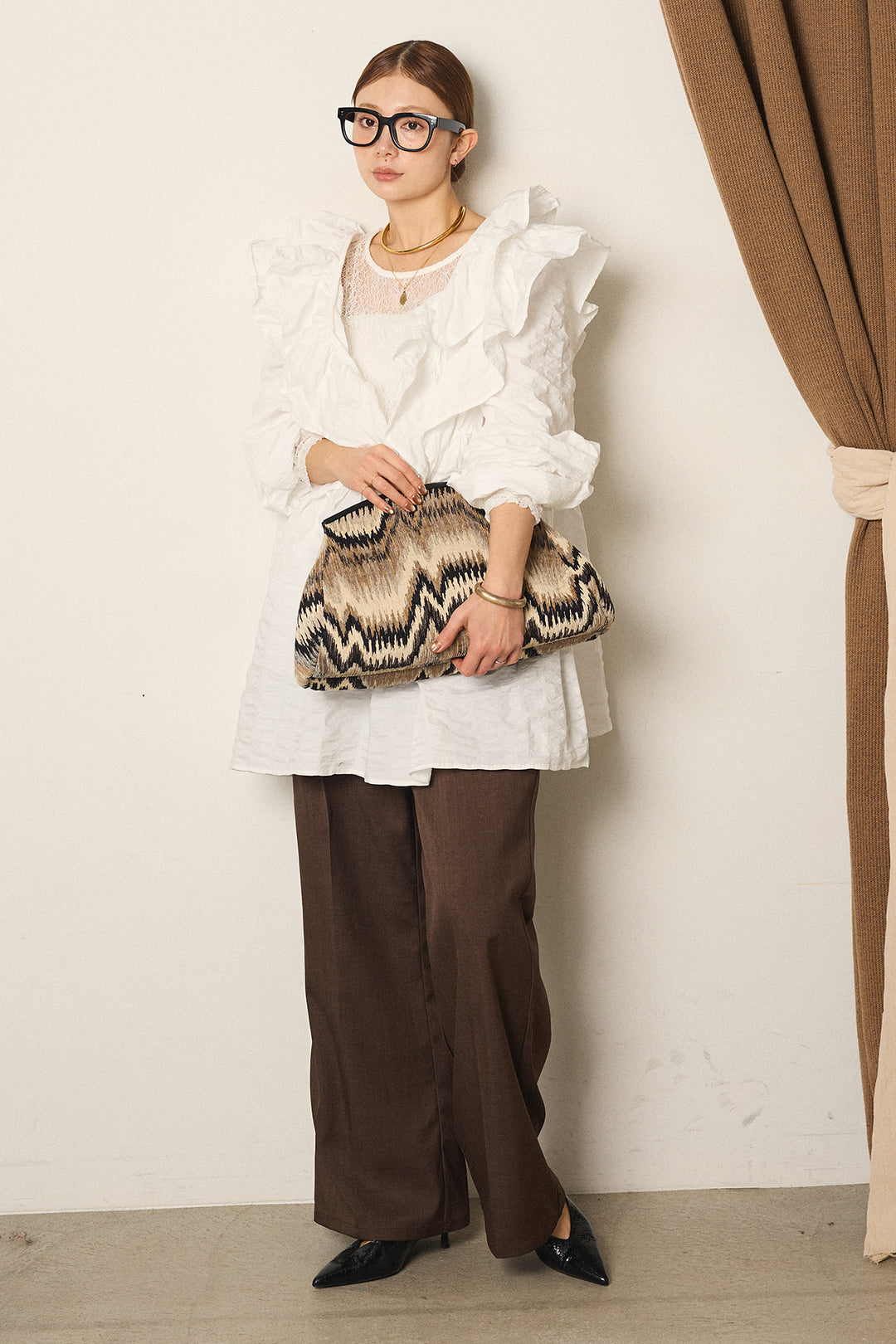 [SET]Vネックフリルカラーブラウス+ツイルスプリングカラータックパンツ(2set)