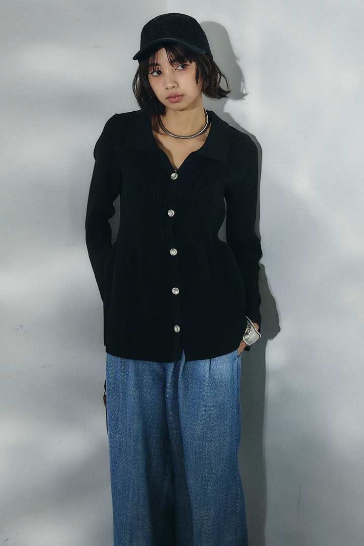 [SET]スキッパーペプラムニット+デニムライクヘリンボーンタックパンツ(2set)