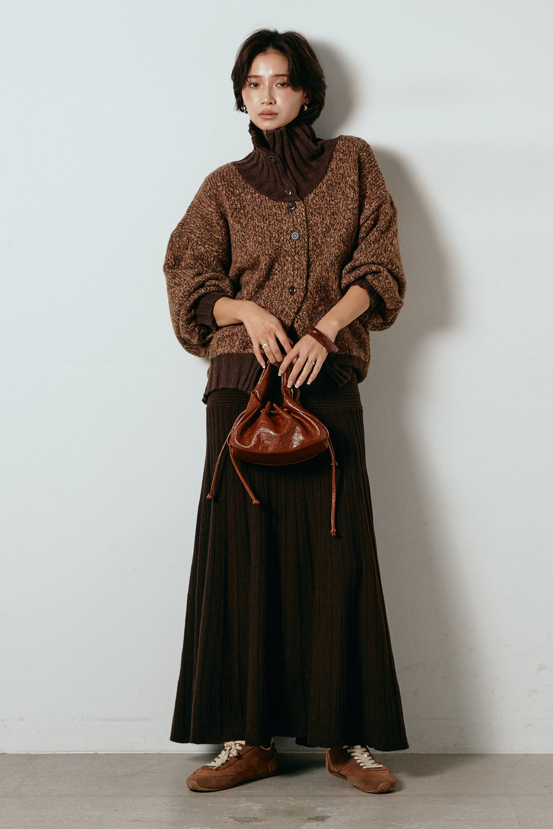 [SET]ハイネックミックスニットカーディガン+編み地切り替えフレアニットスカート(2set)