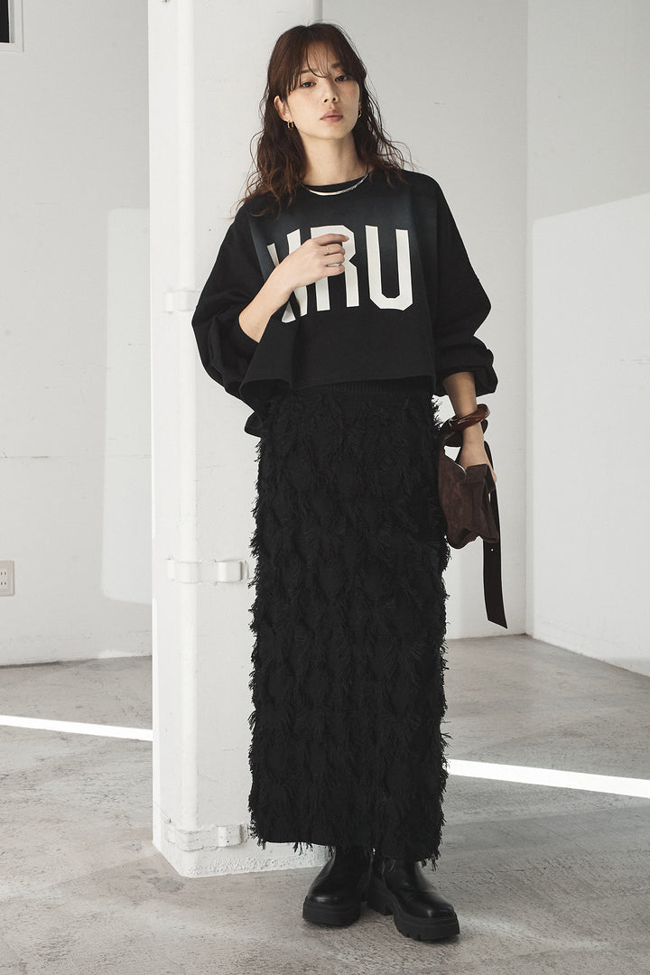 [SET]ビッグロゴHRU袖ボリュームトップス+カットフリンジニットタイトスカート(2set)