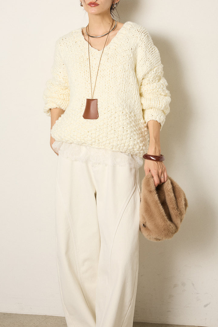 [SET]Vネックハンド編みニットトップス+ベルト付きカジュアルカーブワイドパンツ+レース切り替えキャミソール(3set)