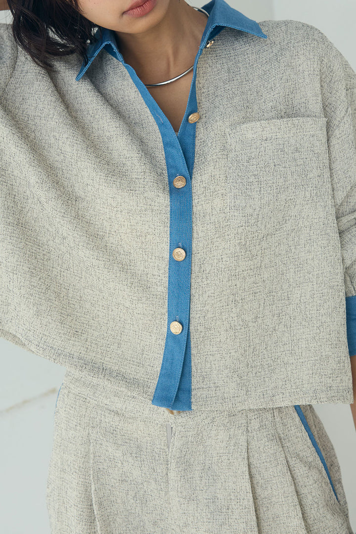 [SET]ツイード×デニムショート丈シャツ+ツイード×デニムハイウエストラインロングパンツ(2set)